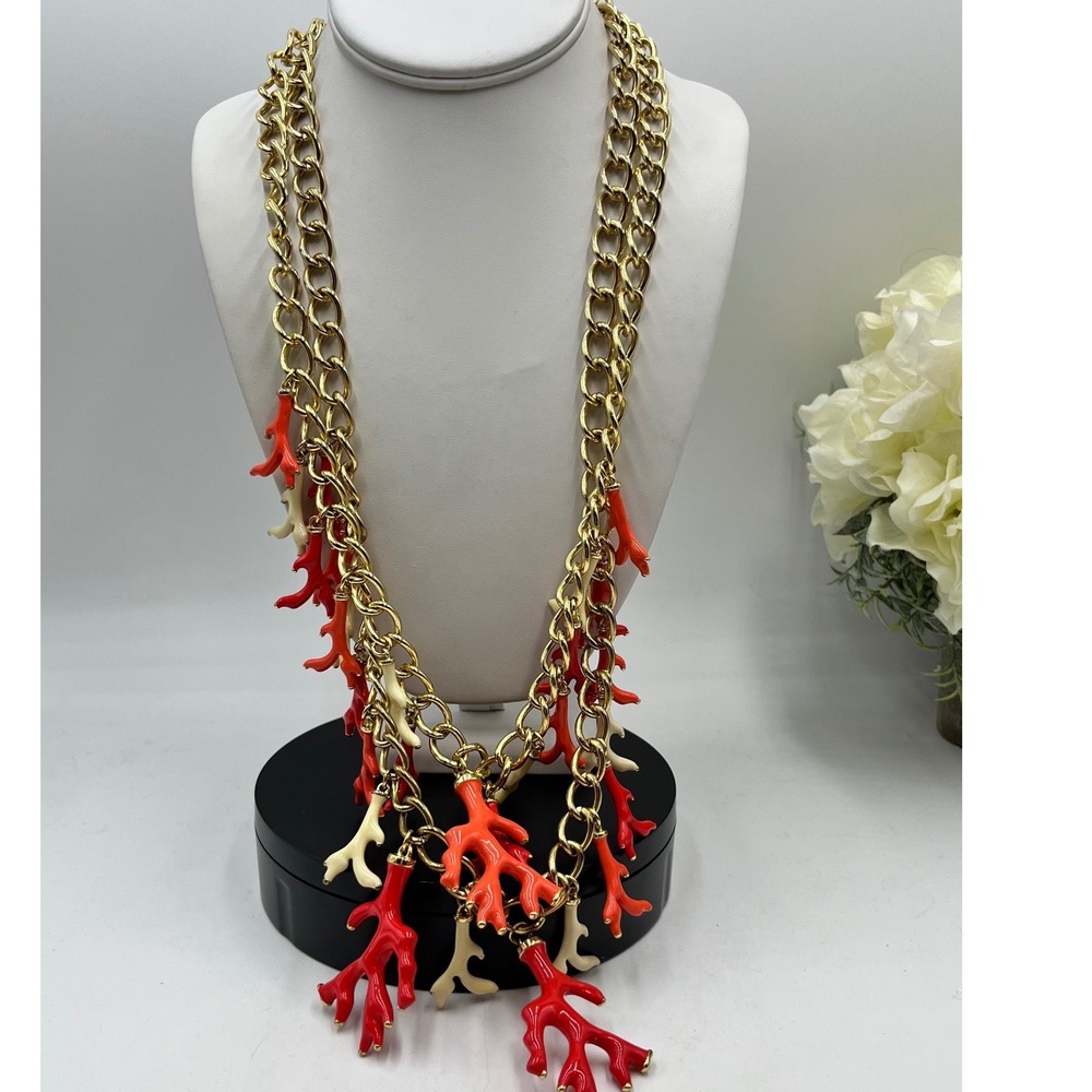 Lilly Pulitzer Signed Good Reef‎ Coral Red Branches Double Strand Heavy Necklace